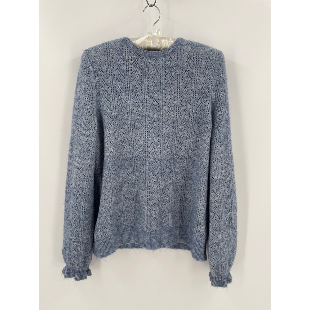 Boden Blue Mohair Wool Blend Pointelle Knit Ruffle Cuff Pullover Sweater US 10